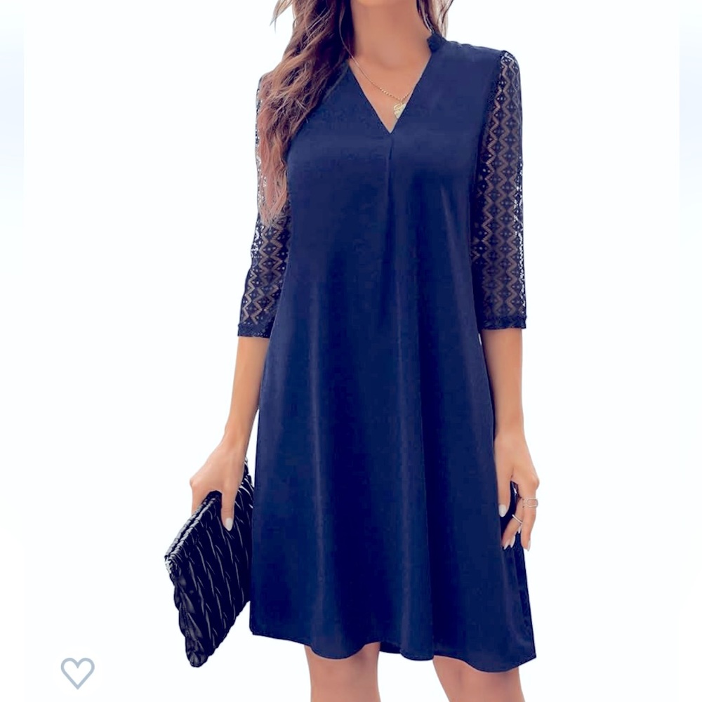 Elegant Navy Blue Lace Sleeve Dress